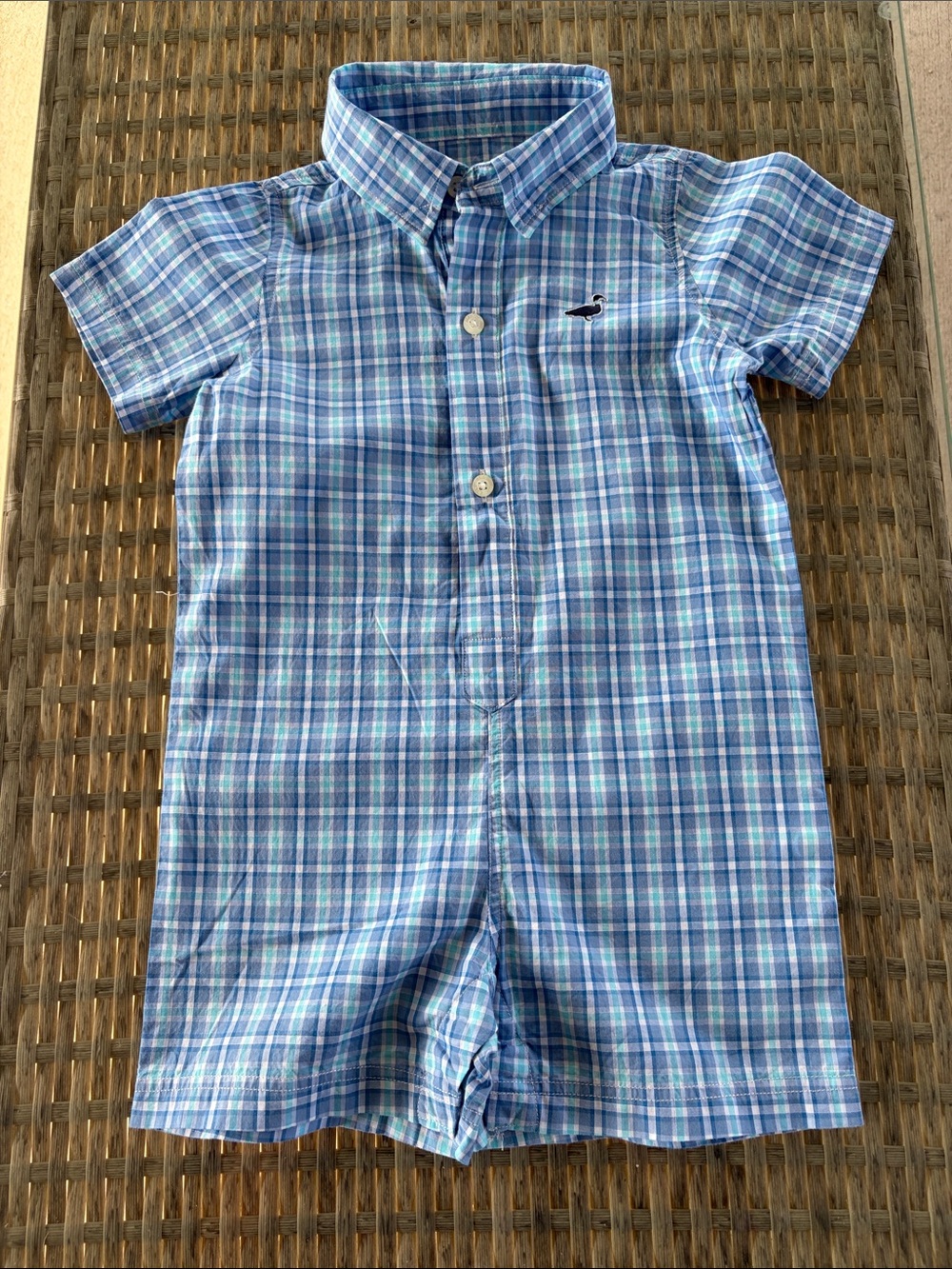 Properly Tied Blue Plaid Button-Down Kids One-Piece Shirt Romper 6-9 Months EUC